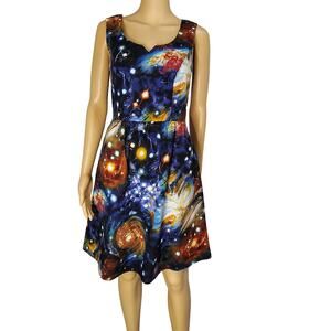 Blue ModCloth Fervour Dress Galaxy Fit & Flare Back Zipper Sleeveless Size Small